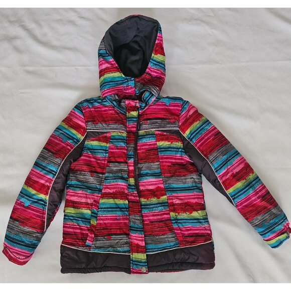 Mint Girl Kids Multicolor Striped Snowflake Hooded Winter Puffer Jacket Sz 10/12 - Picture 3 of 12